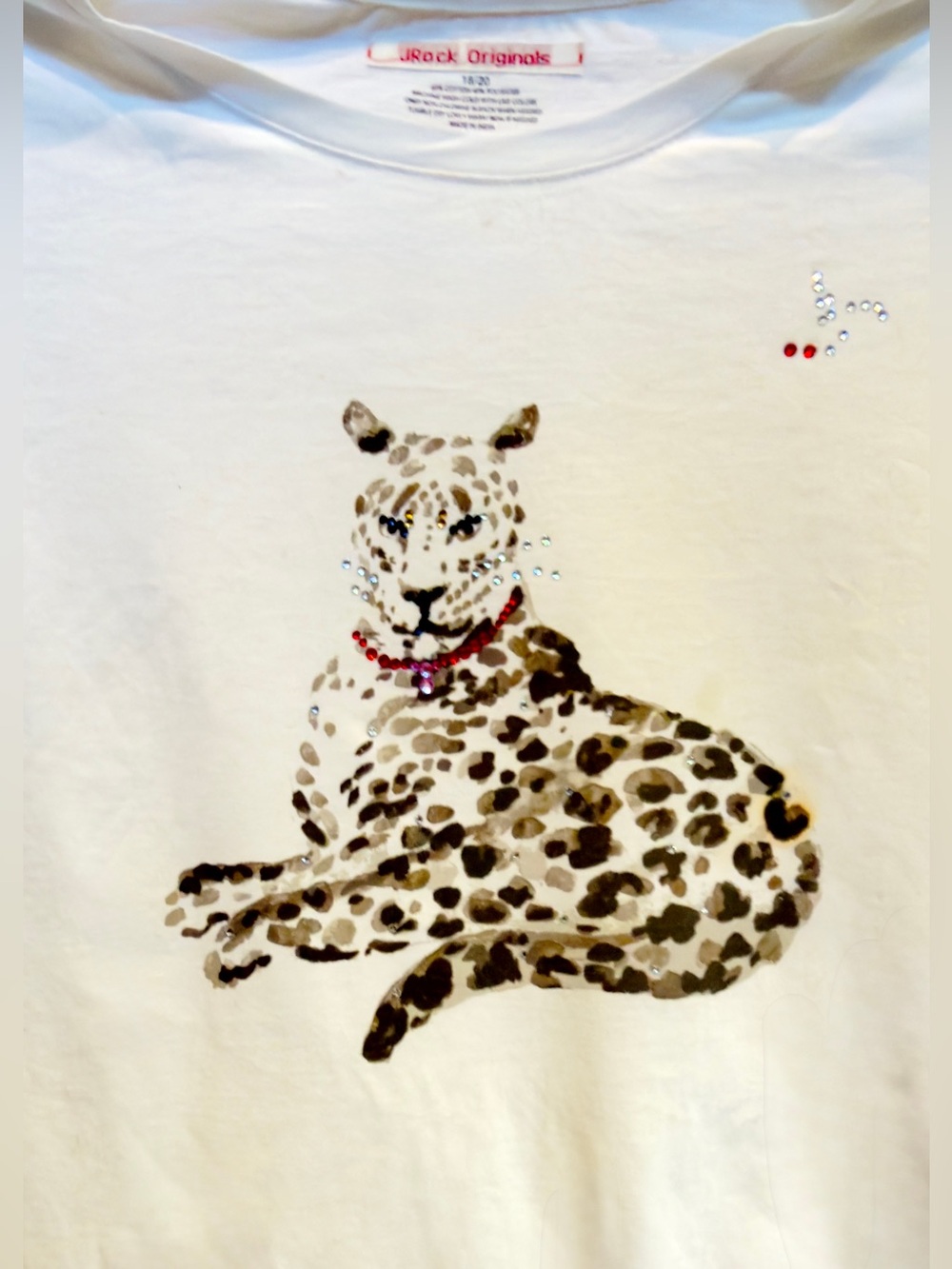 White Leopard watercolor print. Hand placed Rhinestones.  true white Size 18/29